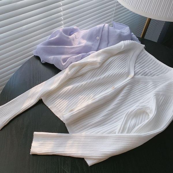

women's knits & tees spring and autumn thin striped solid color cardigan fashion casual ladies v-neck knitted jacket women, White