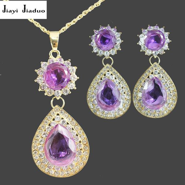 

earrings & necklace jiayijiaduo crystal pendant jewelry set for women clothing accessories purple water drop jewellery, Silver