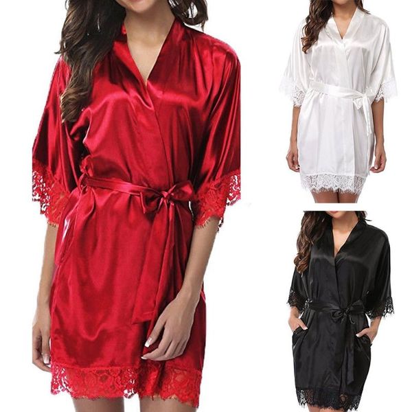 

women's sleepwear women wedding dress gown short ice silk bride robe lace kimono nightwear, Black;red