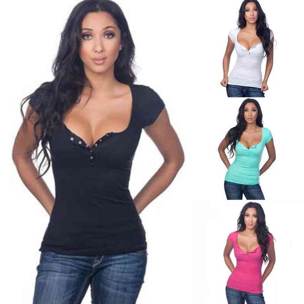 

women's t-shirt summer women t shirts casual button deep v neck solid short sleeve ladies shirts t-shirt for girls femininas blusas bv, White
