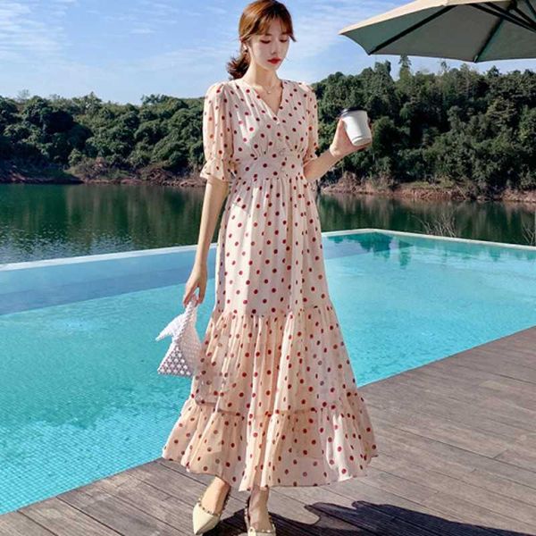 

summer fashion women ruffles dot print elegant long dress beach dresses ankle-length chiffon vestidos 210531, Black;gray