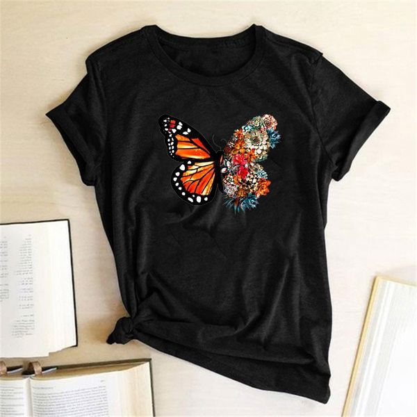 

butterfly flowers printing t-shirts women summer clothes for girls vogue woman tshirts graphic round neck camisetas mujer, White