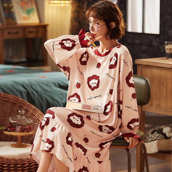 

nightdress women winter cotton long sleeves can be worn out korean sweet medium length pajamas spring and autumn household, Black;red