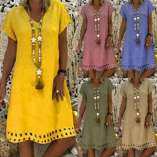 

party dresses 2021 women's summer boho casual short sleeve evening plus size cotton linen solid color loose v-neck beach dress, White;black