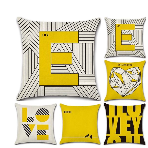 

decorative throw pillow cover case yellow love shape letter geometric cotton linen cushion cover for sofa home