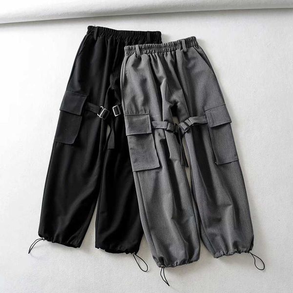 

women's jeans fashion solid multi-pockets cargo pants elastic loose casual straight ankle banded sweat yba2, Blue