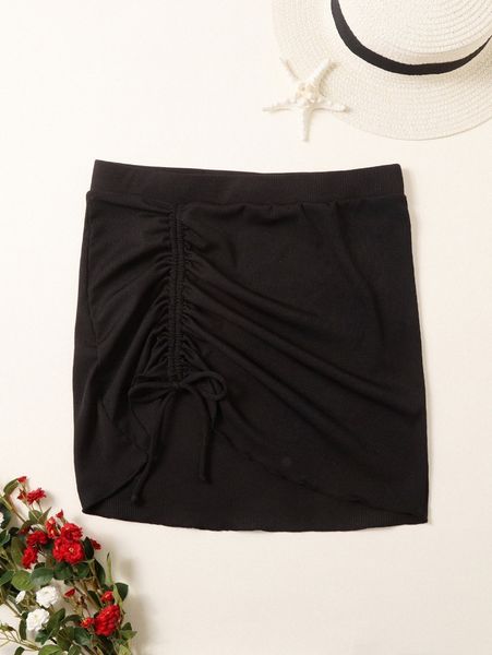 

rib drawstring ruched cover up skirt n74b#, White;black