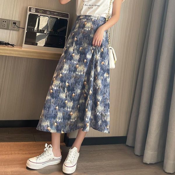 

skirts blue flower printed skirt women spring summer casual high waist a-line female saia vacation beach party elegant 2021, Black