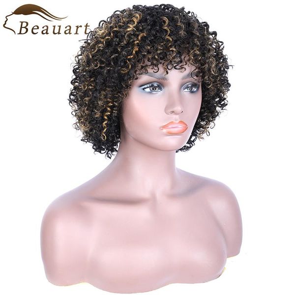 

lace wigs beauart 100% brazilian remy hair afro kinky curly for black women brown highlights natural curls wig with bangs, Black;brown