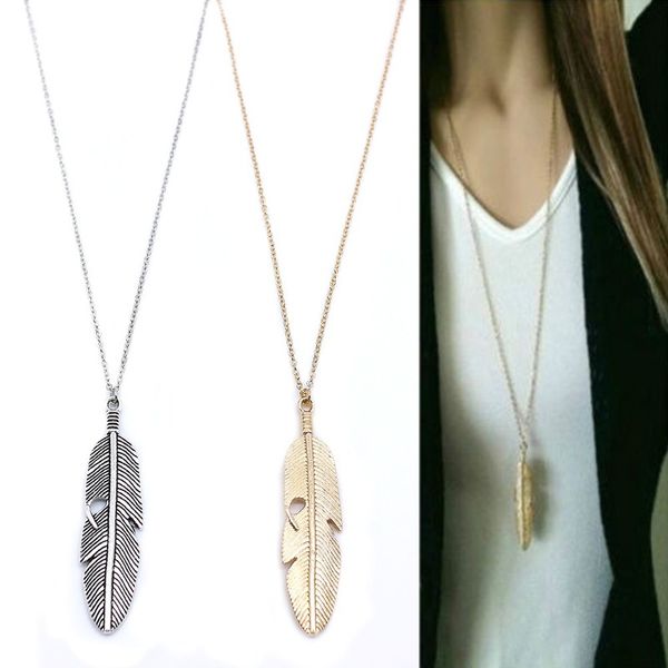 

simple pendant necklace feather necklace long sweater chain statement jewelry leaf necklace for women collier femme collar kolye, Silver