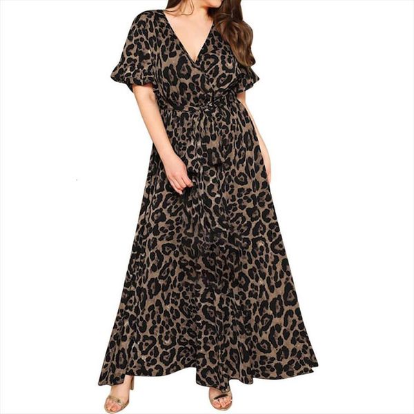 

5xl plus size fashion summer womens dress v neck short sleeve leopard print casual belted maxi long dresses, Black;gray