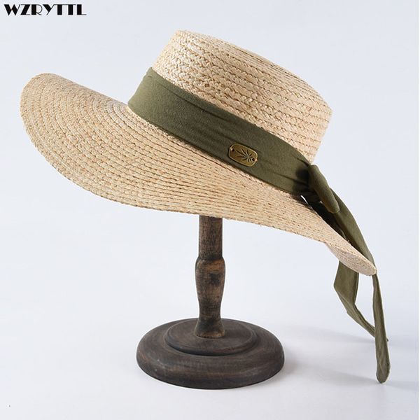 

2021 classical new natural wide brim raffia beach elegant green beige bow accent women summer sun protection straw boater hat naw0, Blue;gray