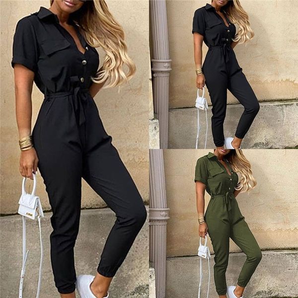 

elegant solid jumpsuit women summer deep v neck button shirt overalls short sleeve office lady one piece romper belt 210317, Black;white