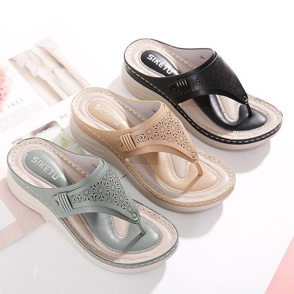 

slippers style sandals women's shoes 2021 summer fashion flip flops hollow wedges comfortable women, Black