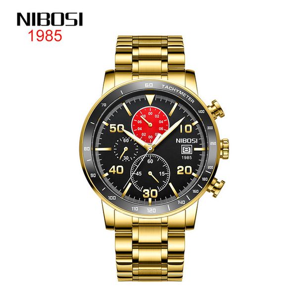 

5 style nibosi chronograph mens watch watches quartz watches waterproof and luminescent stainless steel watches gold shell black dail, Slivery;brown