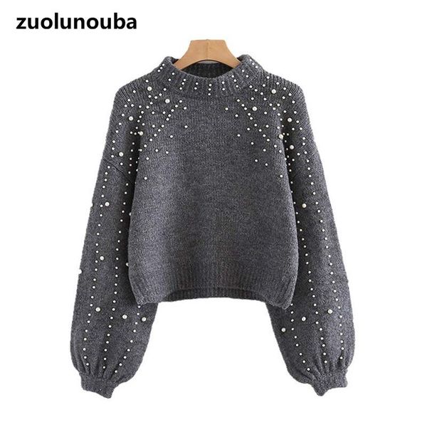 

women's sweaters 2021 autumn and winter knitted pullover beaded pure color sweater women short lantern sleeve casual warm ladies, White;black