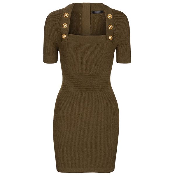 

european americal women stretch knitted skirt slim square collar decorate buttons mini dress, Black;gray