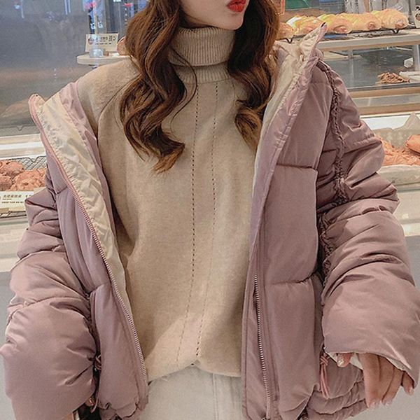 

winter women's stand zipper pocket button hooded down winter warm outerwear coats female oversize streetwear jackets coat #04351, Black