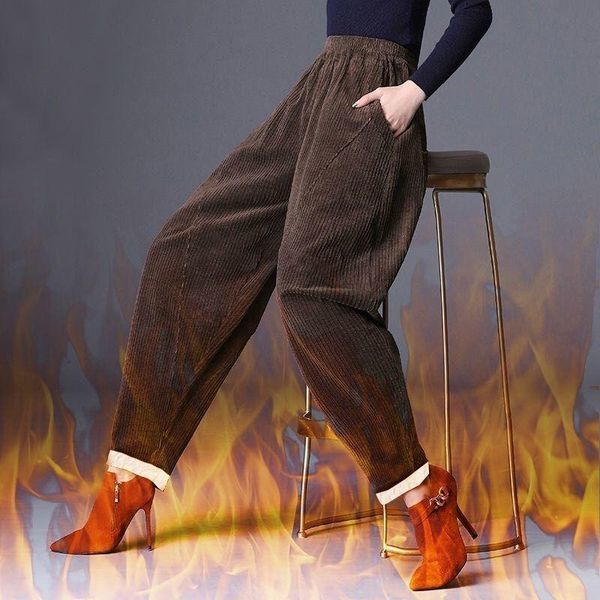 

women's pants & capris 2021 women autumn winter fashion elastic waist thicken warm female long trousers high corduroy harem x416, Black;white
