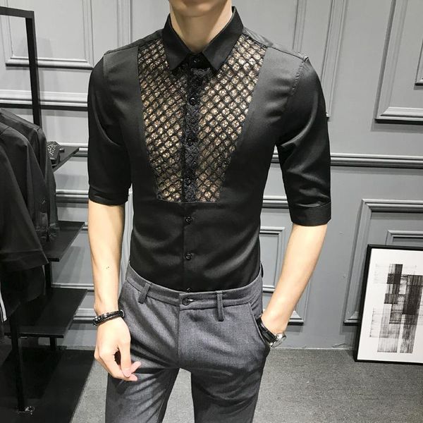 

men's casual shirts 2021 style summer go to the party leisure short sleeve shirts/male hollow out design black, White;black