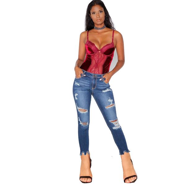 

2021 new fashion casual ripped jeans women denim pencil pants trousers mid waist stretch ny jean boyfriend style streetwear lo0p, Blue