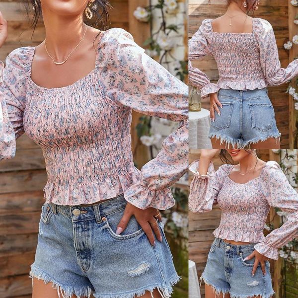 

women's blouses & shirts women embroidery collar long sleeve blouse shirt elegant ladies slim floral printed female elastic waist top, White