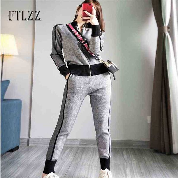 

woman tracksuits autumn winter zipper knitted jacket coat + slim pants suits women two piece set sportsuits sweater clothes 210525, White