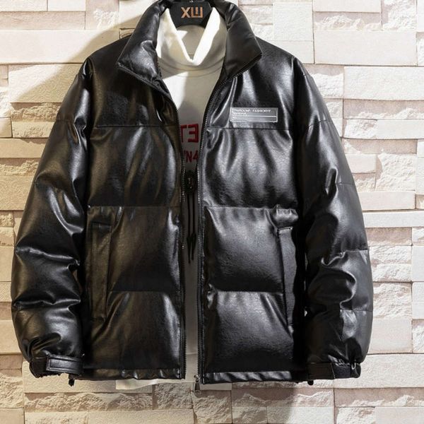 

2021winter windproof new pu leather bright face short cotton padded jacket men's down loose trend versatilew, Black;brown