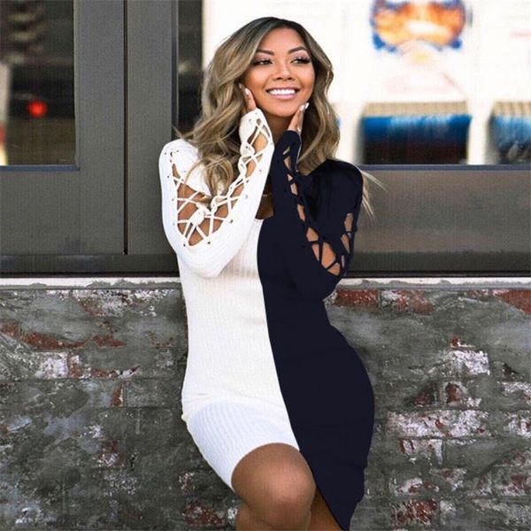 

fashion o neck patchwork women mini dress lace up full sleeve short club bodycon vestidos casual dresses, Black;gray
