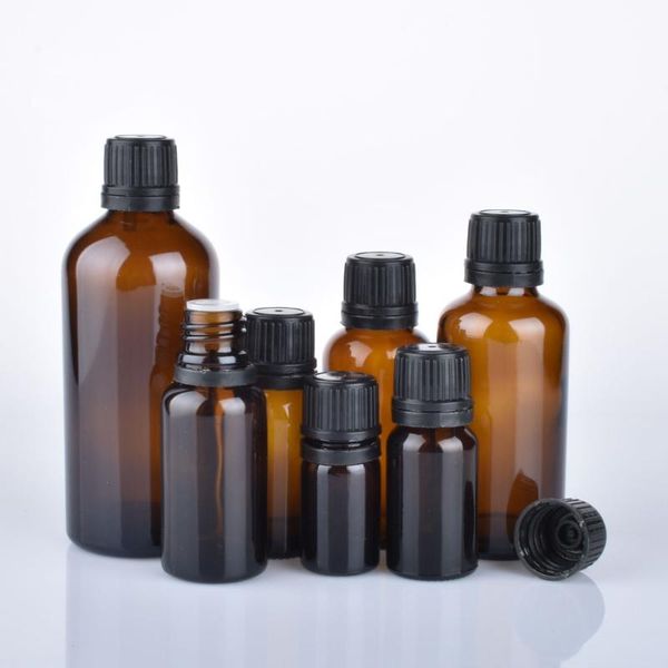 

essential oil bottle lucifucal empty glass container 5ml-100ml dark brown medicinal oil refillable bottle pilfer proof cap case