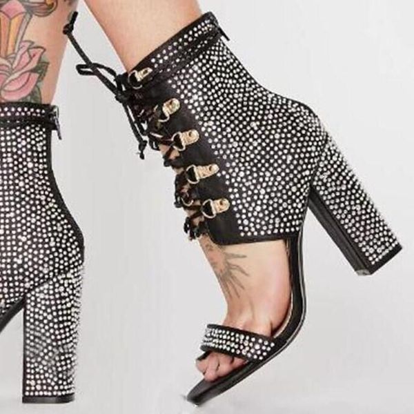 

boots bling crystal thick heels peep tor ankle gladiator cut out summer lace up glitter chunky high sandals, Black