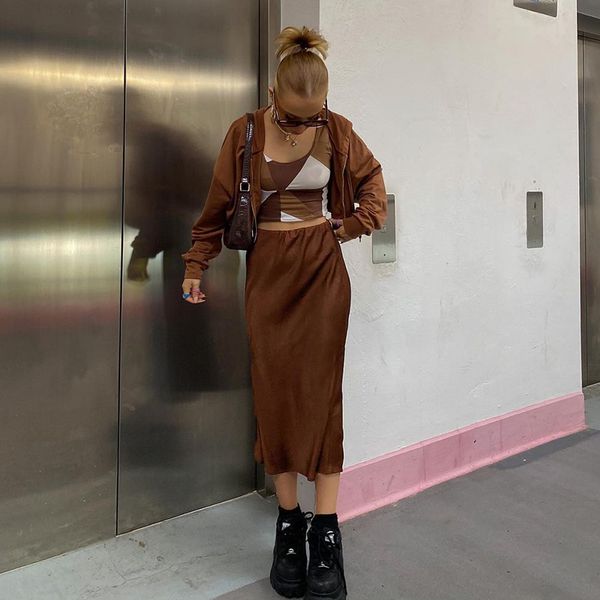 

brown y2k aesthetic satin midi skirt for women casual split side high waisted skirts ladies summer streetwear fashion, Black
