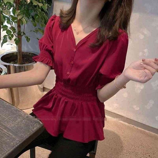 

retro elegant summer chiffon trendy women blouses elastic waist v neck all match leisure womens clothing, White