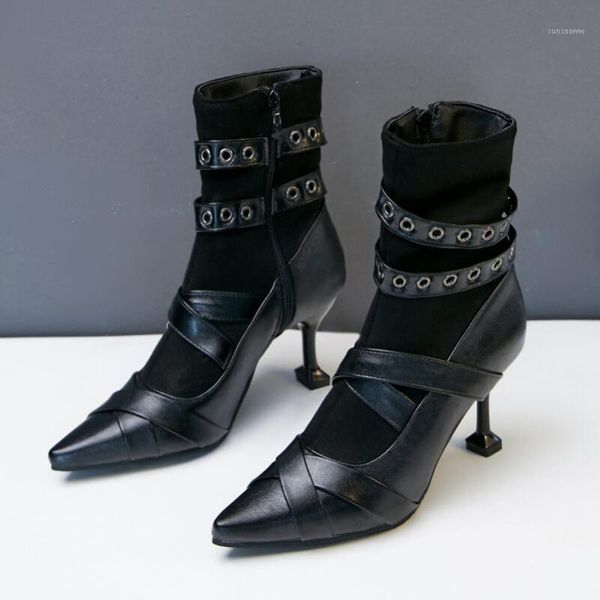

punk rivet motorcycle boots women pointed toe cross band ankle high heels leather botines mujer plus size s363, Black