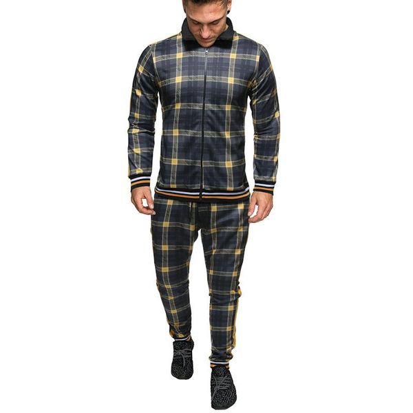 

men's tracksuits stripe sets 3d print man men grid two-piece patchwork zipper small leg trouser sweat suits, Gray