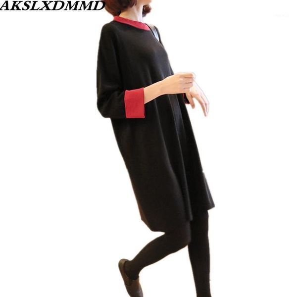 

casual dresses 2021 autumn winter large size loose round collar knit pullover sweater women solid thick long bottoming dress cw217, Black;gray