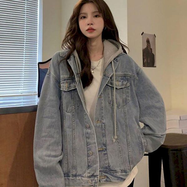 

women's jackets preppy style denim jacket fake two-piece female light blue spring autumn all-match korean loose student hooded cardigan, Black;brown