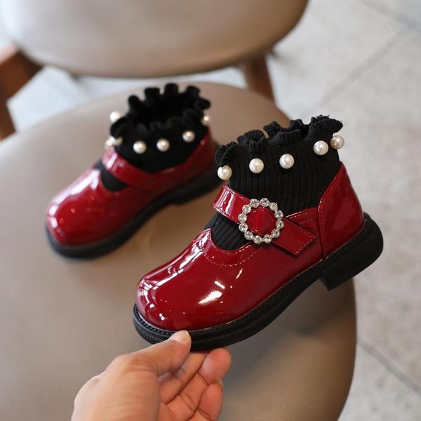 

boots girls spring autumn childrens black pu leather shoes little socks short soft bottom princess sock, Black;grey