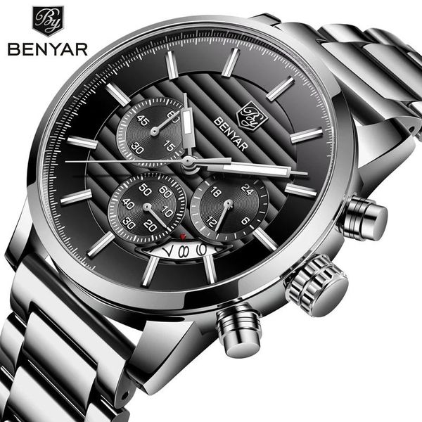

wristwatches benyar business chronograph sport all steel men watches military quartz male watchwrist clock relogio masculin, Slivery;brown