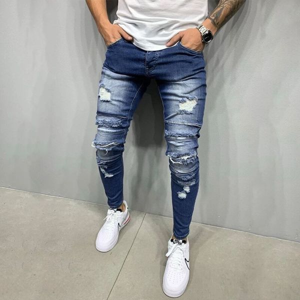 

jean fashion jeans 2021 men's youth hole slim casual leggings pants, Blue