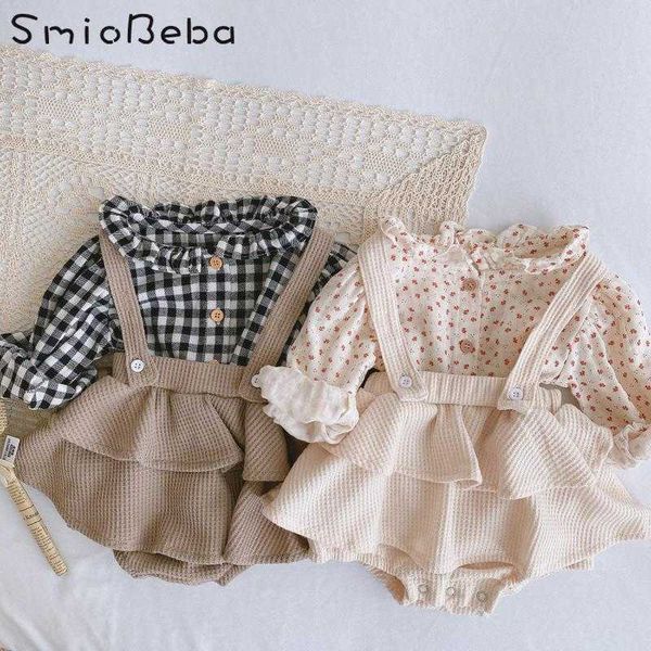 

vintage baby girl overall shirt set clothes autumn linen girls floral blouss , romper , dress born baby girls strap outfits 210722, Blue
