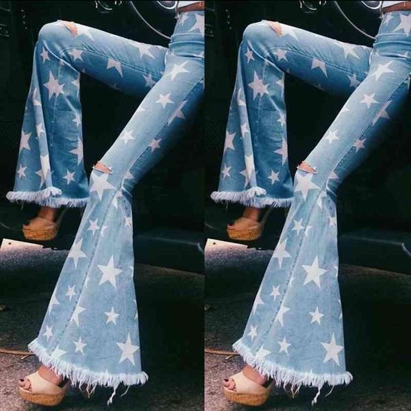 

woman fashion skinny star shape printed with tassel stretchy denim jeans high street bell bottoms vintage flare pants, Blue