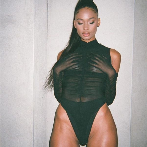 

black mesh sheer bodysuit with gloves ruched transparent club outfits body suits for women c85-cz13, Black;white