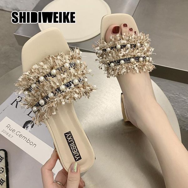 

slippers korean fashion half women's shoes one line beaded decoration thick heel square versatile wear high heels vc058, Black