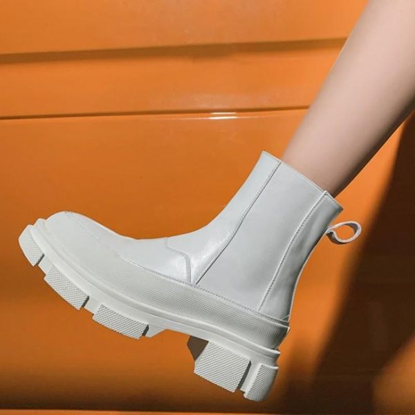 

boots real leather women biker ankle fashion platform high heel autumn winter shoes female slip on round toe knight 34-40, Black