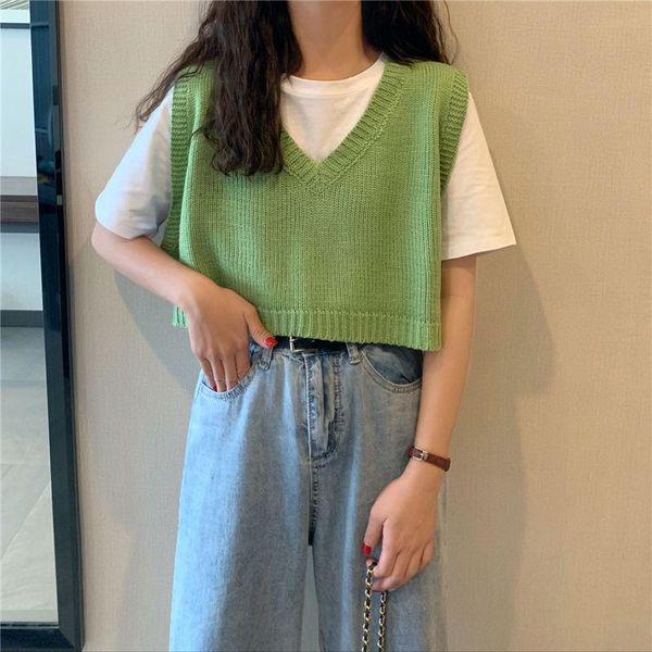 

women's sweaters women v-neck knit sweater vest korean style loose short vests spring autumn female casual sleeveless twist pullover, White;black