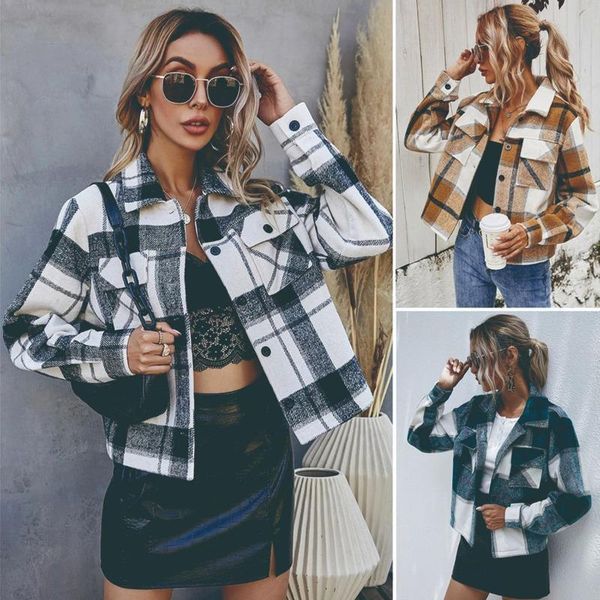 

women's jackets 2021 autumn european american fashion black white checkered single breasted short pocket stand collar coat top, Black;brown