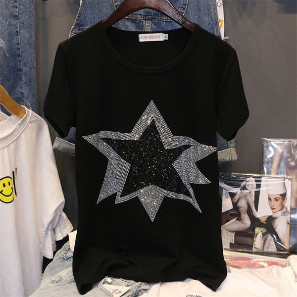 Neue heiße Diamanten Baumwolle Sommer Kurzarm T-Shirt All-Match Freizeit Pullover schwarze Sterne Muster Kleidung für Frauen Tops 210306