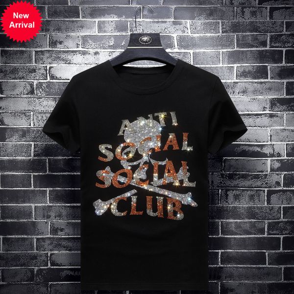 

2021 skull strass t-shirt short male fashion social clothes streetwear modal neck cotton tshirts calaveras shirt k0s7, White;black