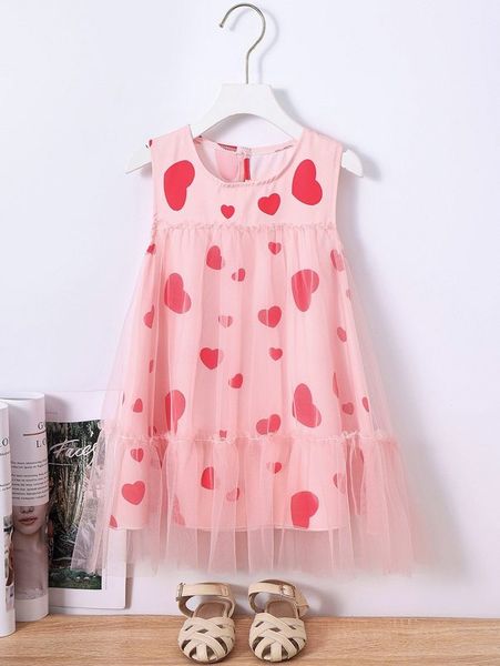 

toddler girls heart print mesh overlay ruffle hem dress she, Red;yellow